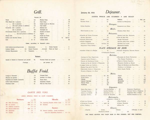 1914 menu Savoy Grill dejeuner 25 January medium